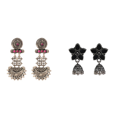 Beauty Bloom ghunghroo jhumki earring (Black)&Enchanted Swing dangler earring (Red) Combo set