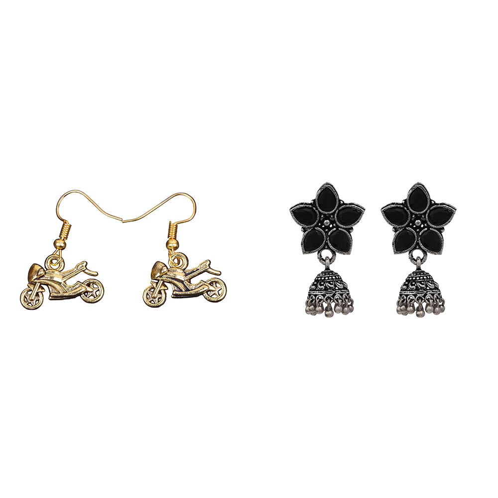 Beauty Bloom ghunghroo jhumki earring (Black)&Sports Bike Shaped Golden Polished Oxidised Danglers Combo set