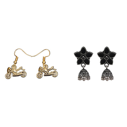 Beauty Bloom ghunghroo jhumki earring (Black)&Sports Bike Shaped Golden Polished Oxidised Danglers Combo set