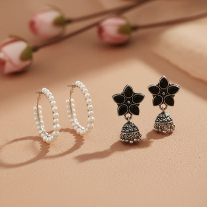 Beauty Bloom ghunghroo jhumki earring (Black)&Pearl Prestige hoop earrings (White) Combo set