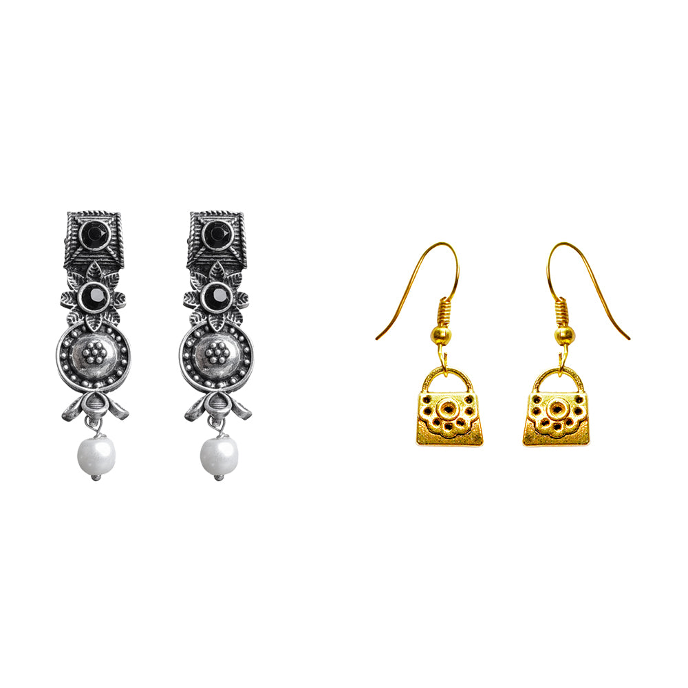 Wonderful wildflower oxidised stud earrings (Black)&Bling Bag Dangler Combo set