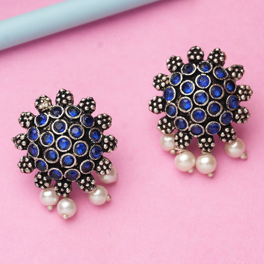 Blue Stone Studded Oxidised Earrings With Hanging Pearls