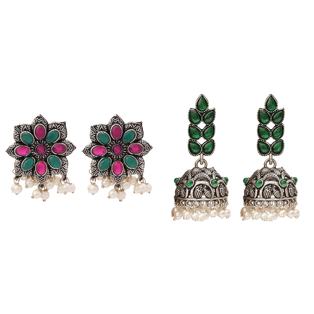 Jugni vibrant stud earrings (Multicolored)&Leaf Cascade jhumki earrings (Green) Combo set