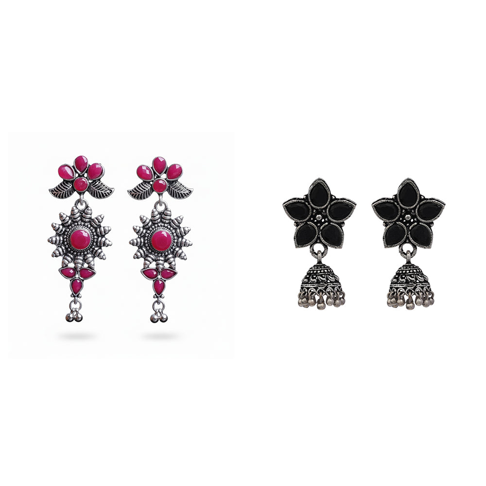 Beauty Bloom ghunghroo jhumki earring (Black)&FloraSun dangler earrings (Red) Combo set