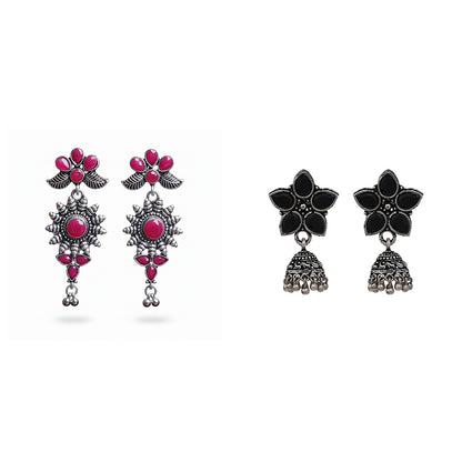 Beauty Bloom ghunghroo jhumki earring (Black)&FloraSun dangler earrings (Red) Combo set