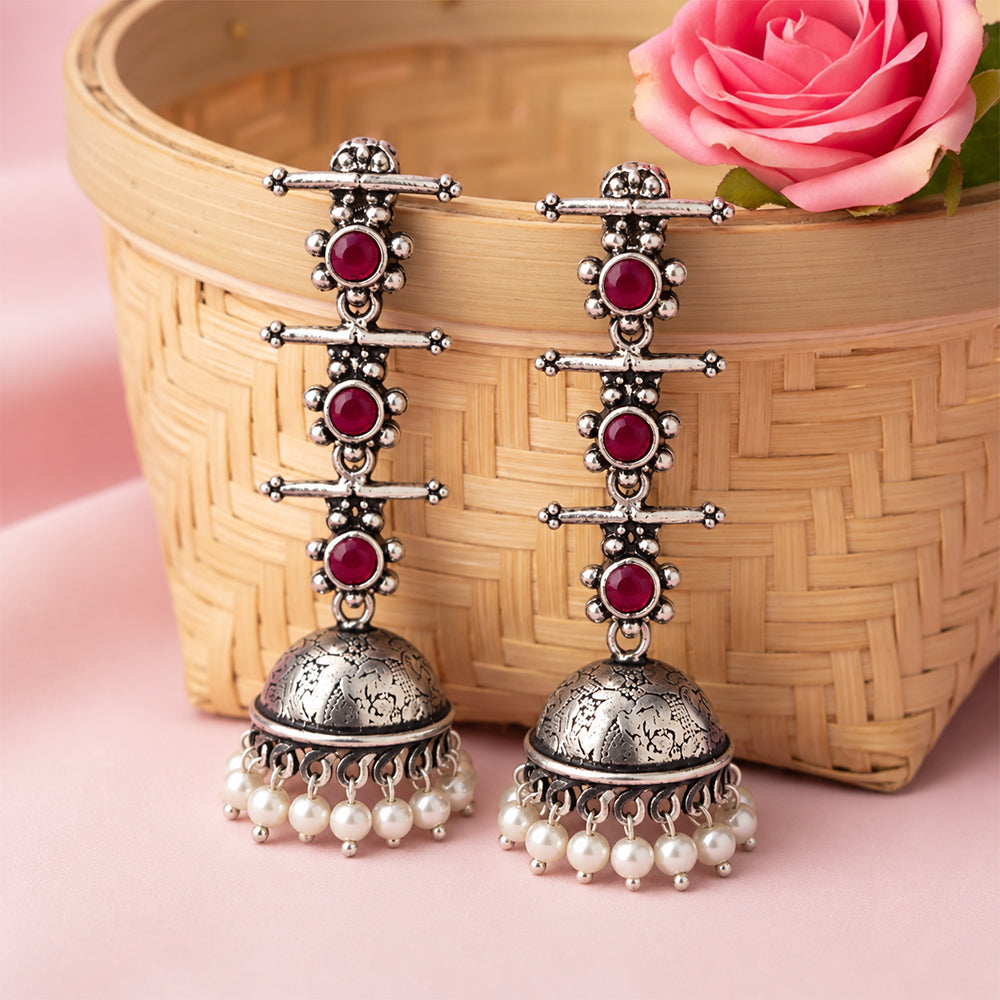 Charmbell Triple Bell Layered Jhumka Earring (Red)