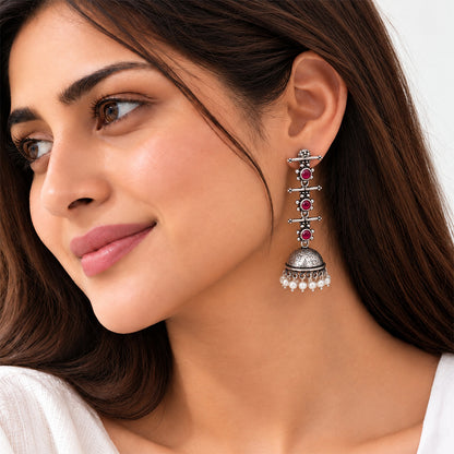 Charmbell Triple Bell Layered Jhumka Earring (Red)