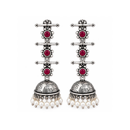Charmbell Triple Bell Layered Jhumka Earring (Red)
