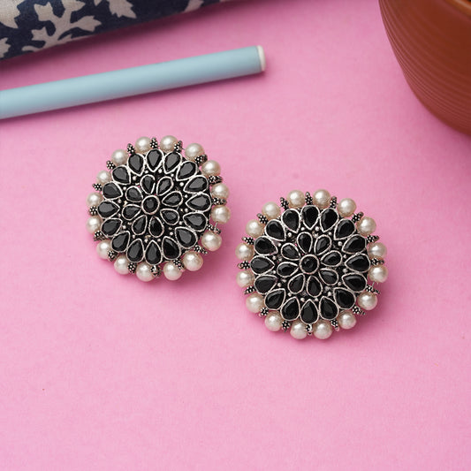 Black Stone Studded Round Oxidised Studs With Embellished Pearls