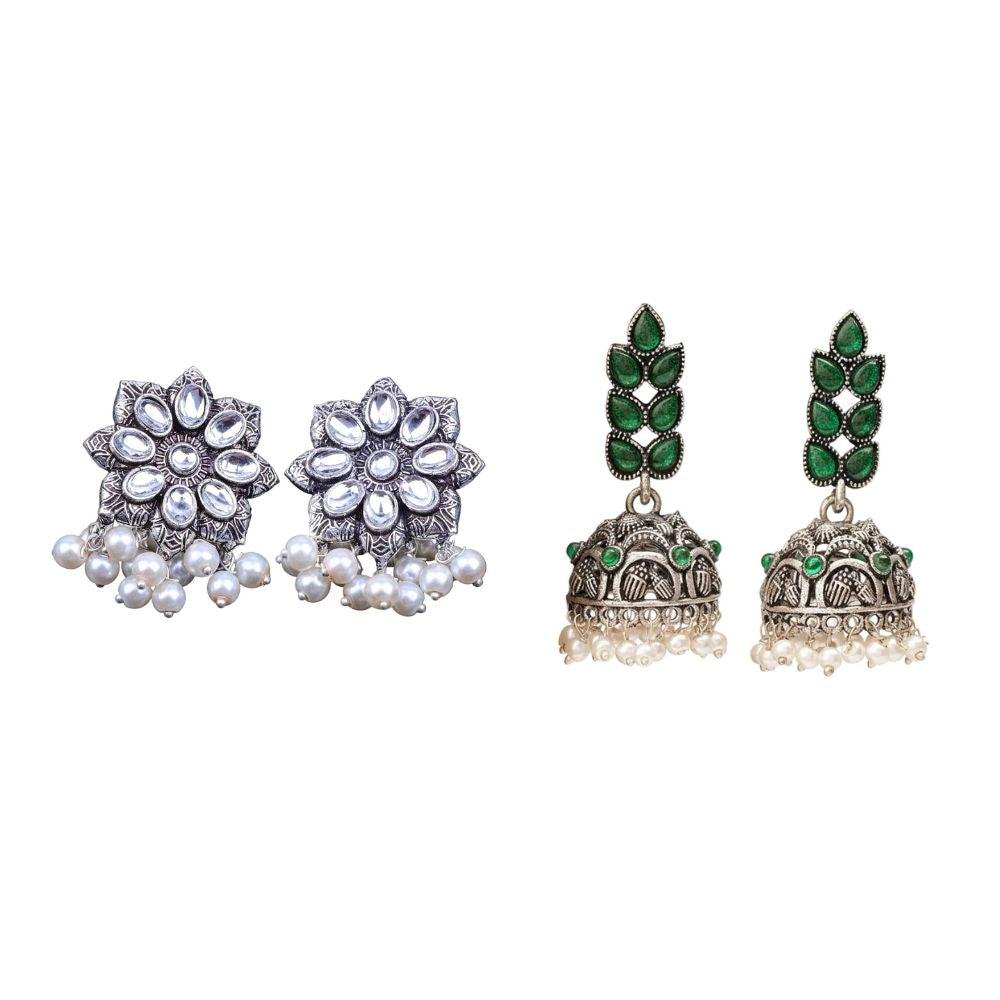 Jugni vibrant stud earrings &Leaf Cascade jhumki earrings Combo set