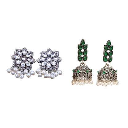 Jugni vibrant stud earrings &Leaf Cascade jhumki earrings Combo set