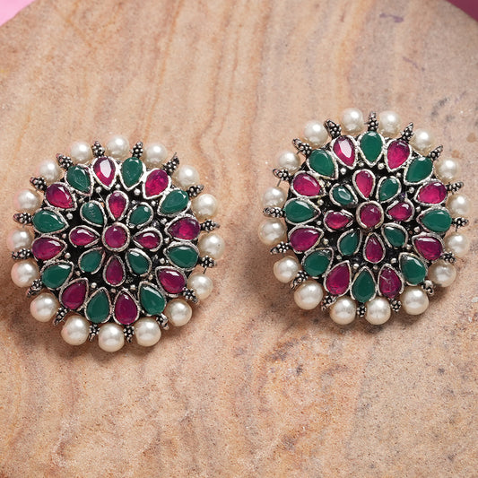 Multicolored Stone Studded Round Oxidised Studs With Embellished Pearls