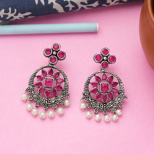 Red Stone Studded German Silver Stud Earrings With Hanging Pearls