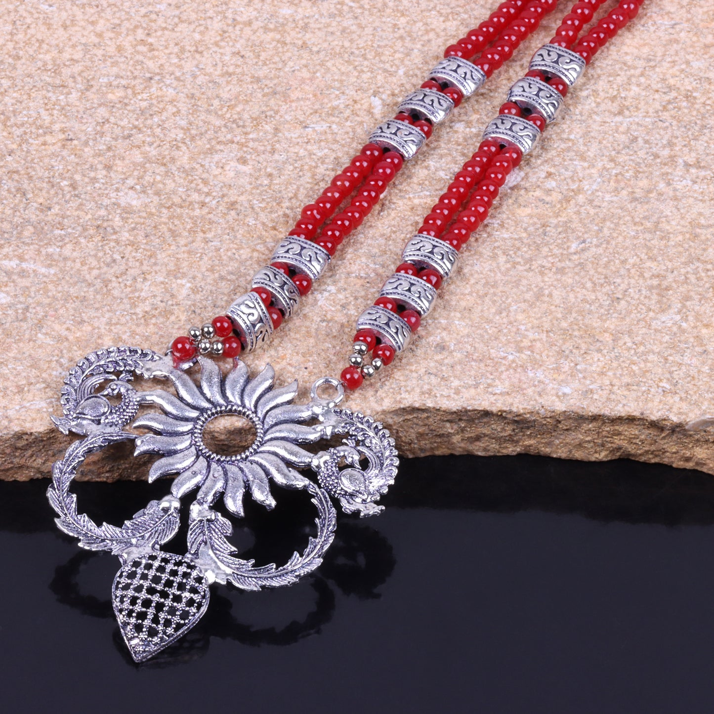 Red Beaded Oxidised Neckpiece