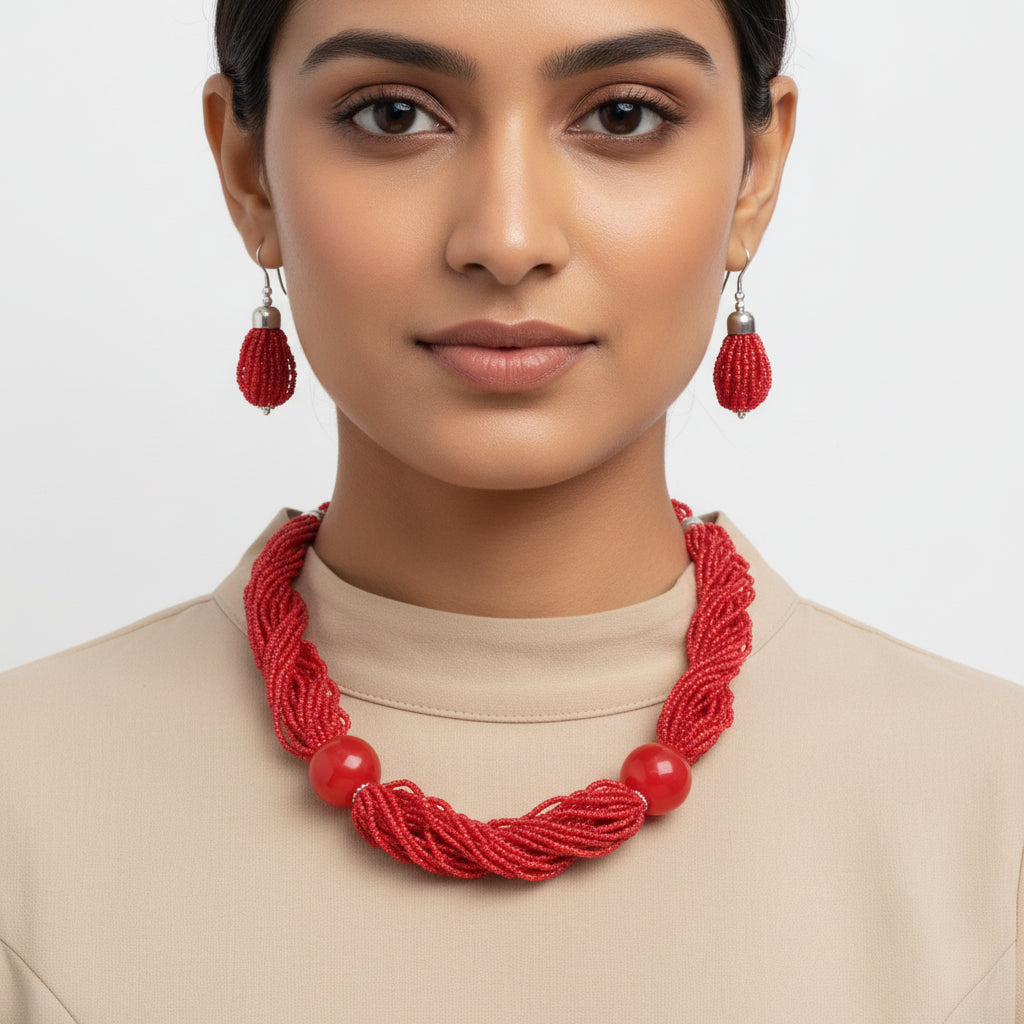 Crimson red beaded neckpiece