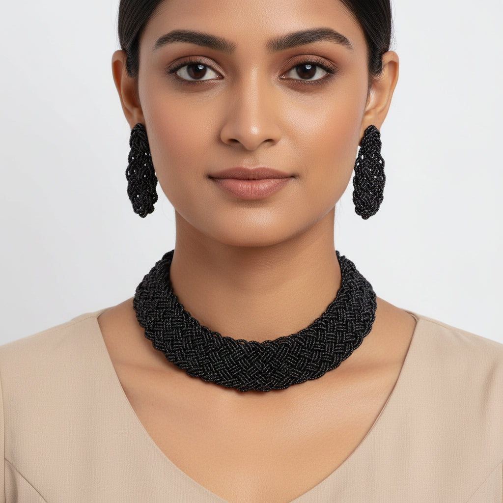Blazing black braided beaded neckpiece