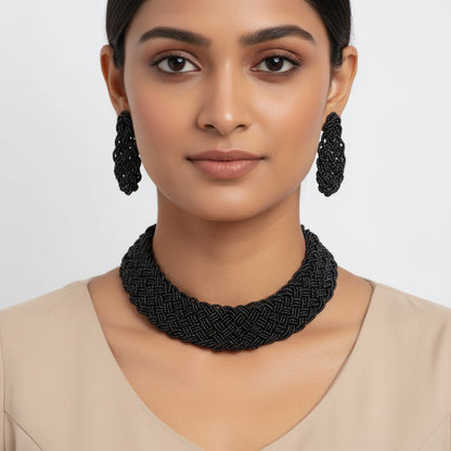 Blazing black braided beaded neckpiece