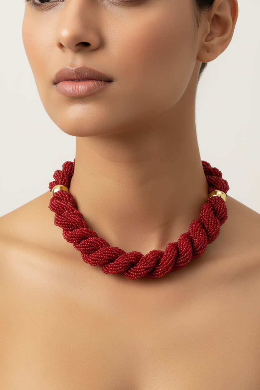 Crimson red braided beaded neckpiece