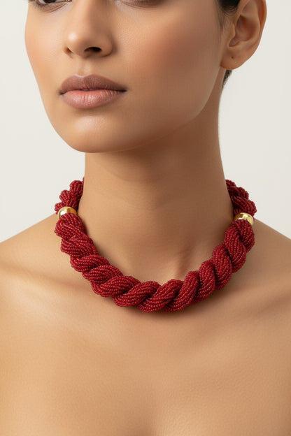 Crimson red braided beaded neckpiece