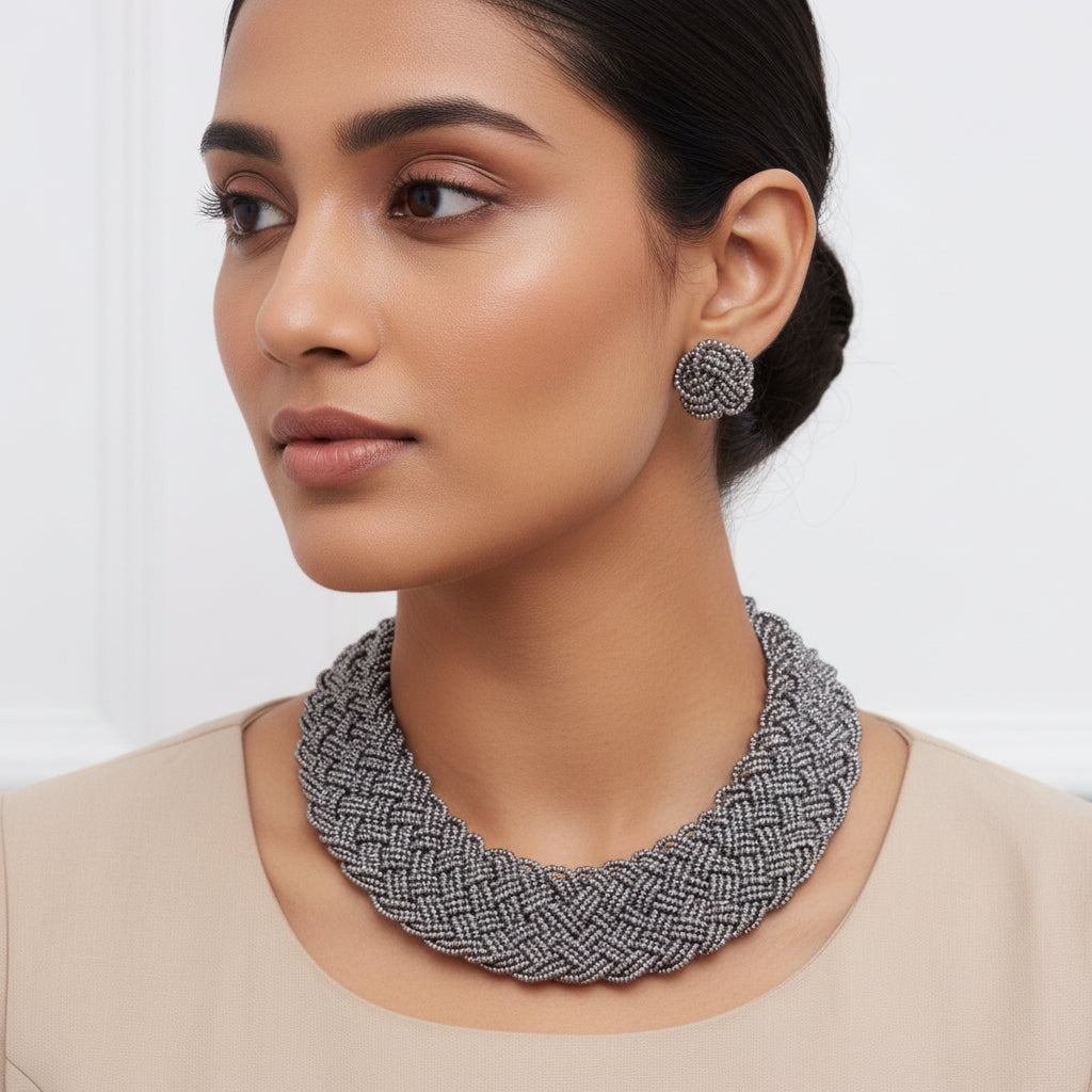 The Beauteous Braided Criss-Cross Beaded Neckpiece (Grey)