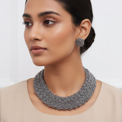 The Beauteous Braided Criss-Cross Beaded Neckpiece (Grey)