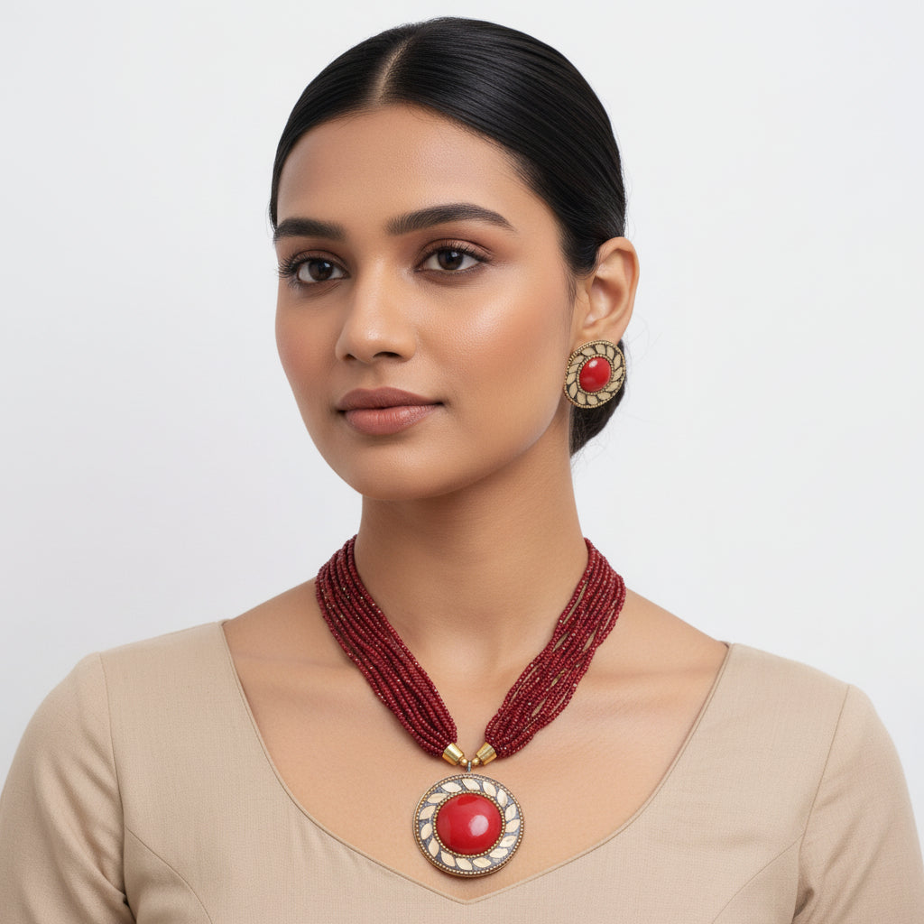 Flame drape stone studded beaded neckpiece