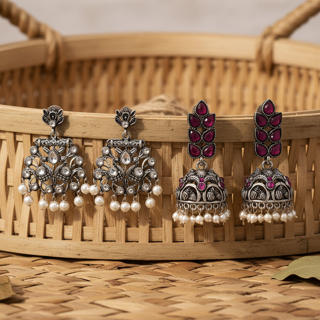 Peacock glow stone studded dangler earrings & Leaf Cascade jhumki earrings Combo set for Women and Girl