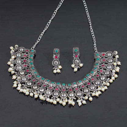 Multicolored Stone studded German Silver Neckpiece set