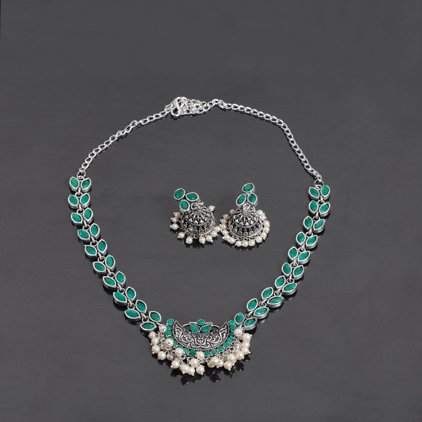 Green Stone studded German Silver Neckpiece set