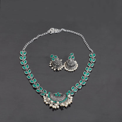 Green Stone studded German Silver Neckpiece set