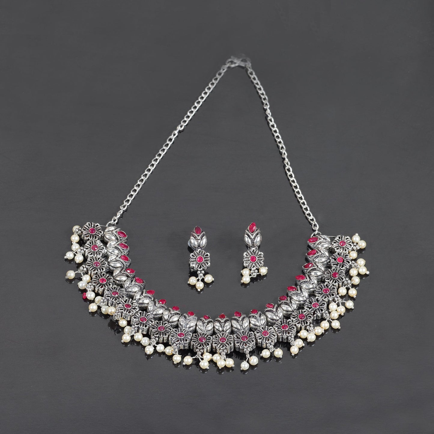 Red Stone studded German Silver Neckpiece set