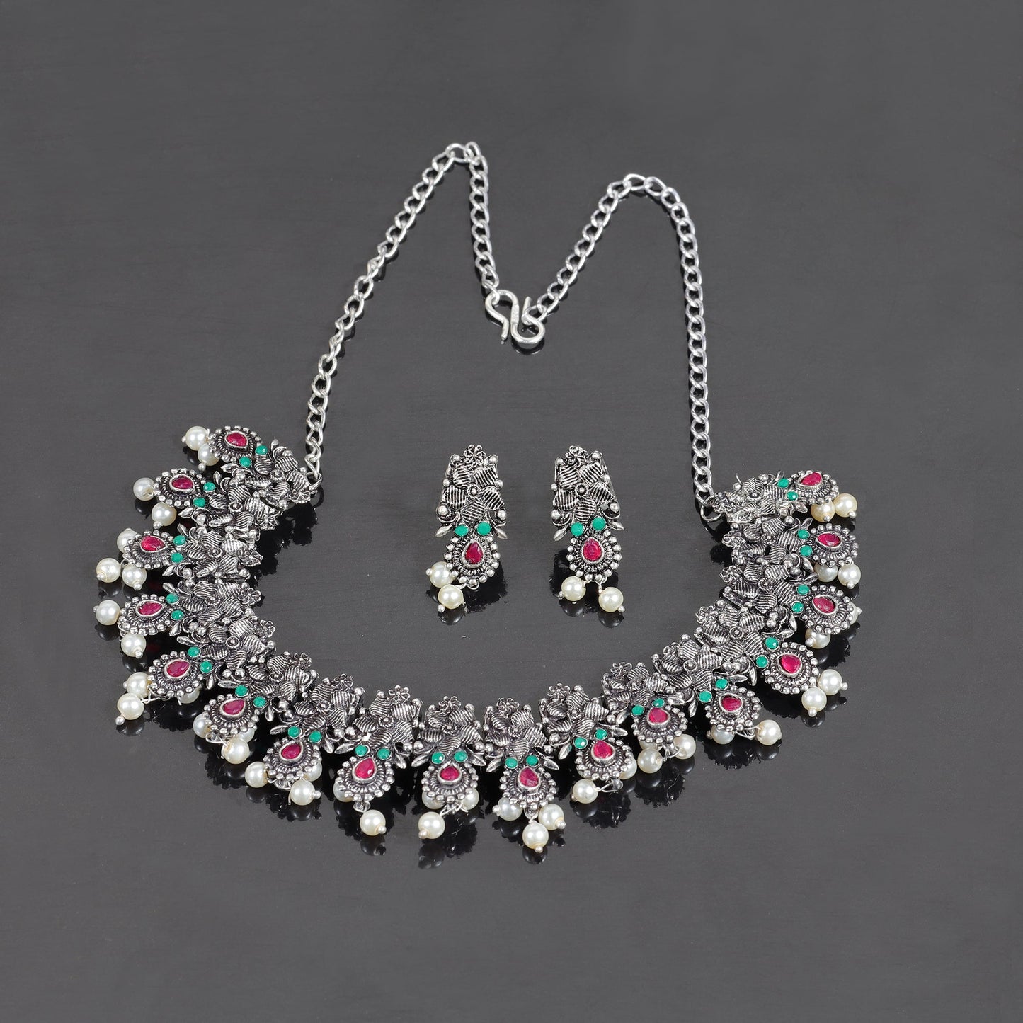 Multicolored Stone studded German Silver Neckpiece set