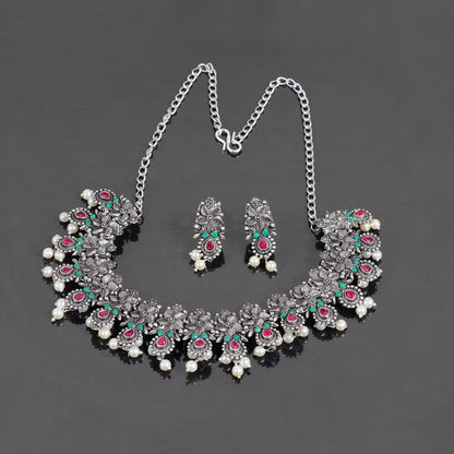 Multicolored Stone studded German Silver Neckpiece set