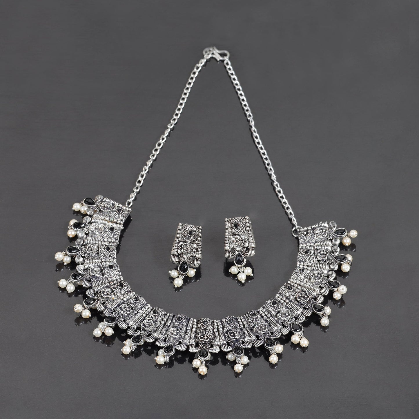 Black Stone studded German Silver Neckpiece set