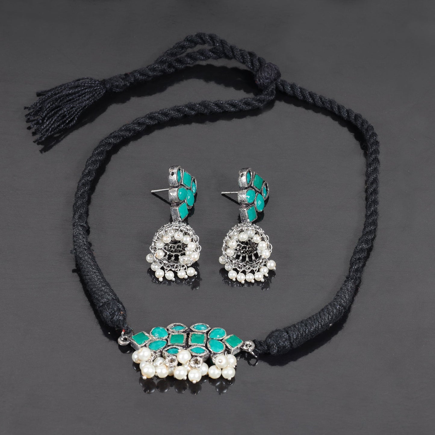 Green Stone studded German Silver Neckpiece set