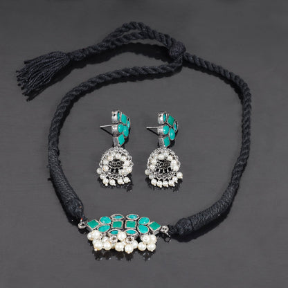 Green Stone studded German Silver Neckpiece set