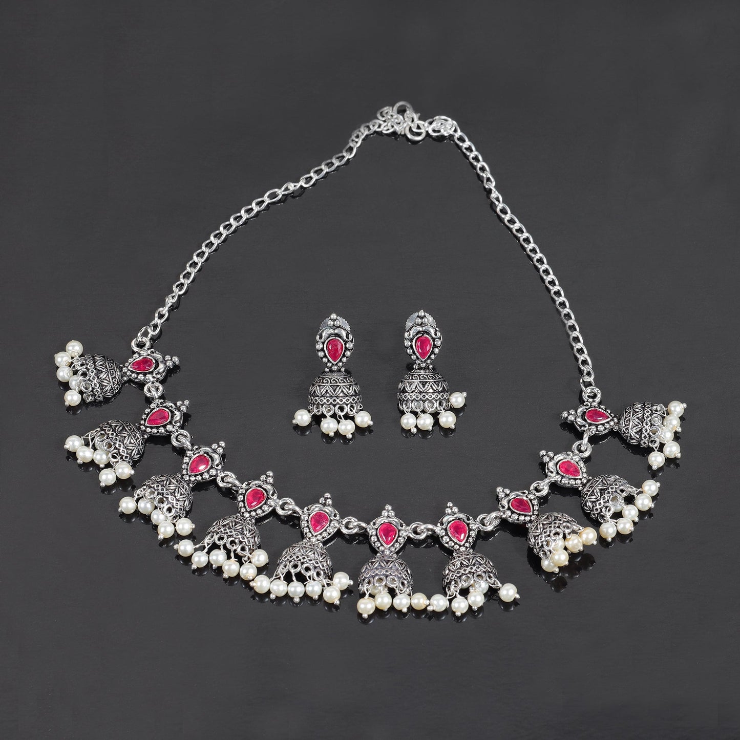 Red Stone studded German Silver Neckpiece set
