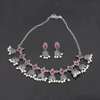 Red Stone studded German Silver Neckpiece set