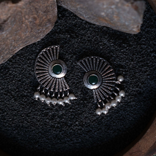 Green Stone Studded Oxidised Earrings With Hanging Pearls