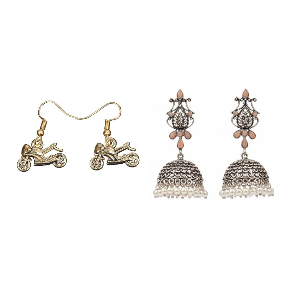 Kalash Kamal Jhumka earring (Light Orange)&Sports Bike Shaped Golden Polished Oxidised Danglers Combo set