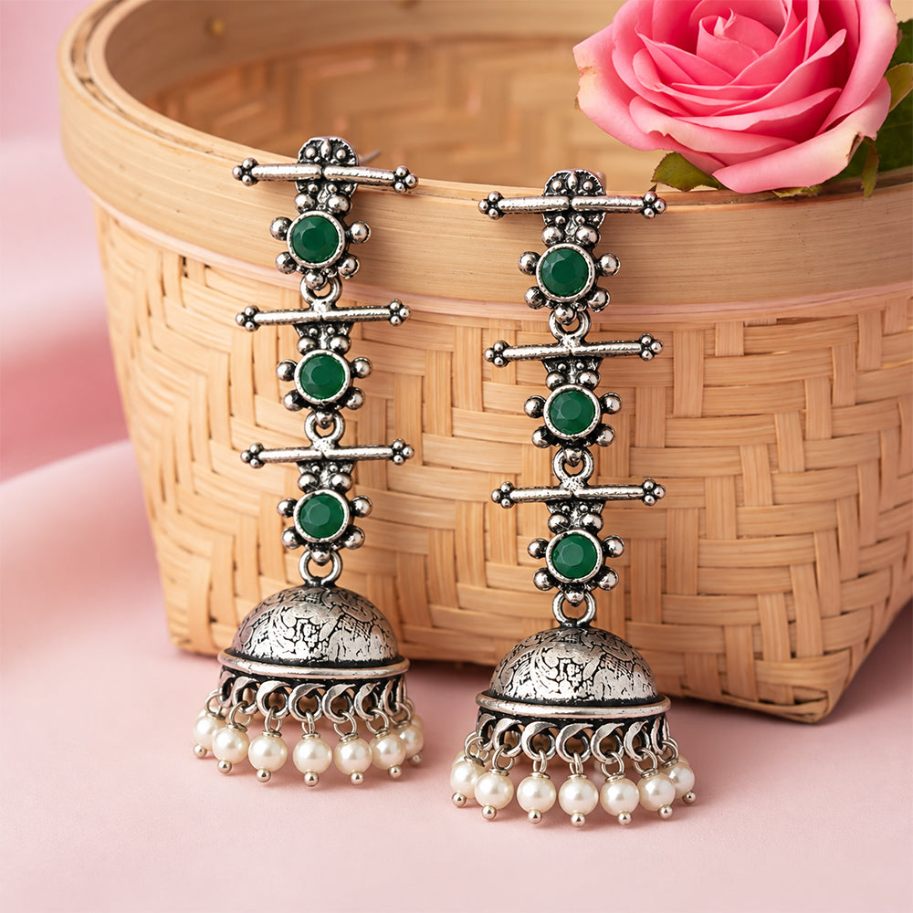 Charmbell Triple Bell Layered Jhumka Earring (Green)