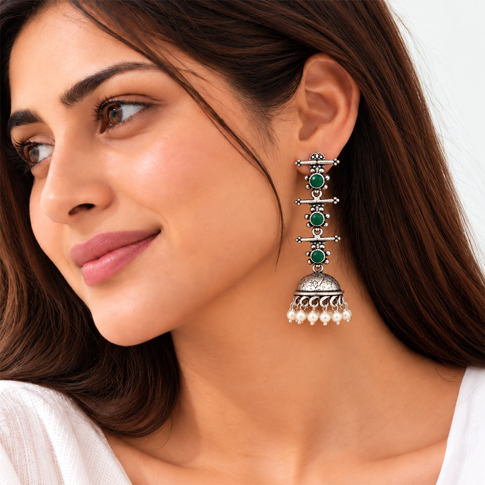 Charmbell Triple Bell Layered Jhumka Earring (Green)