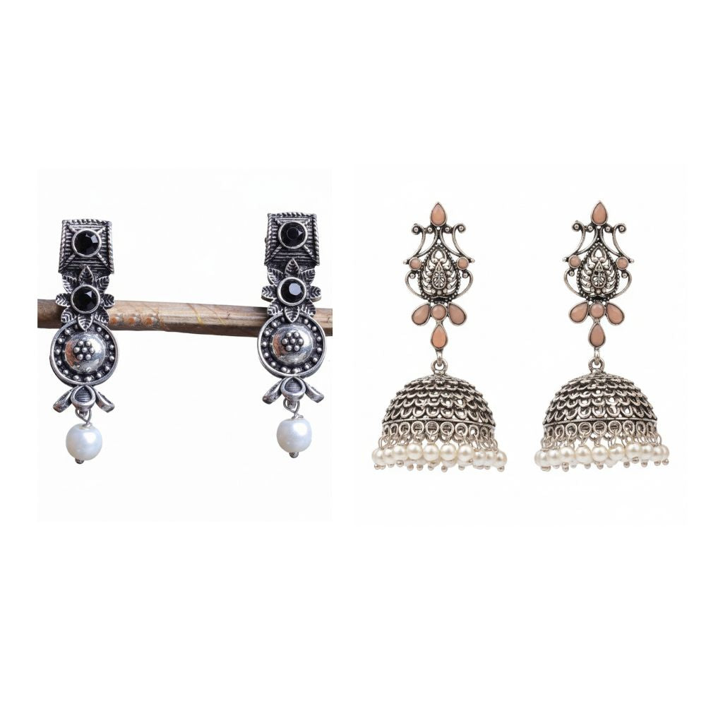 Kalash Kamal Jhumka earring (Light Orange)&Wonderful wildflower oxidised stud earrings (Black) Combo set