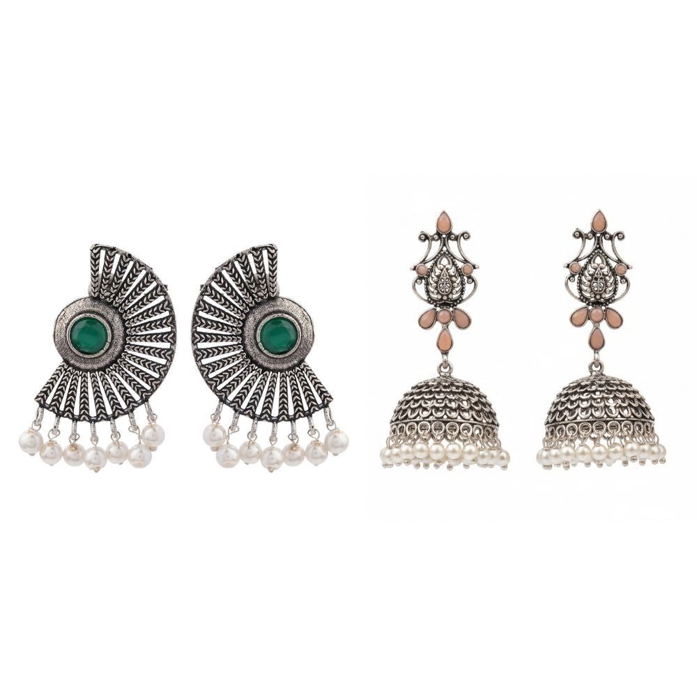 Kalash Kamal Jhumka earring (Light Orange)&Bloom Arc pearl stud earring (Green) Combo set