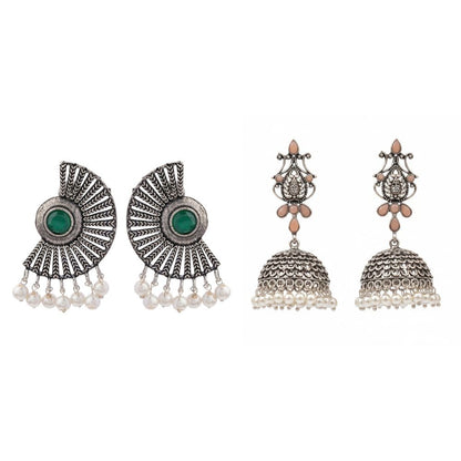 Kalash Kamal Jhumka earring (Light Orange)&Bloom Arc pearl stud earring (Green) Combo set