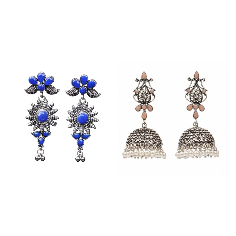 Kalash Kamal Jhumka earring (Light Orange)&FloraSun dangler earrings (Blue) Combo set