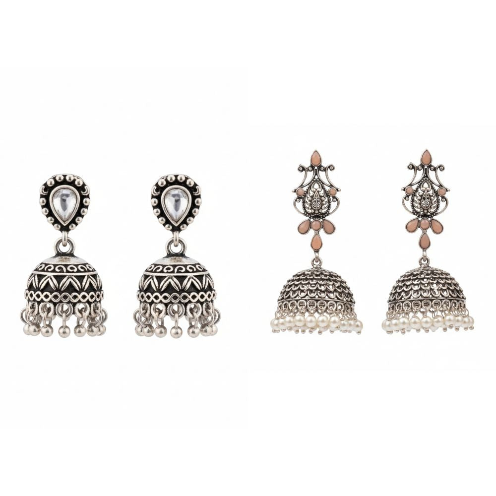 Kalash Kamal Jhumka earring (Light Orange)&Jharokha stone studded jhumki earring (White) Combo set