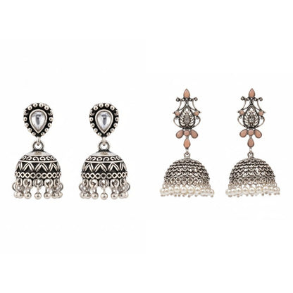 Kalash Kamal Jhumka earring (Light Orange)&Jharokha stone studded jhumki earring (White) Combo set