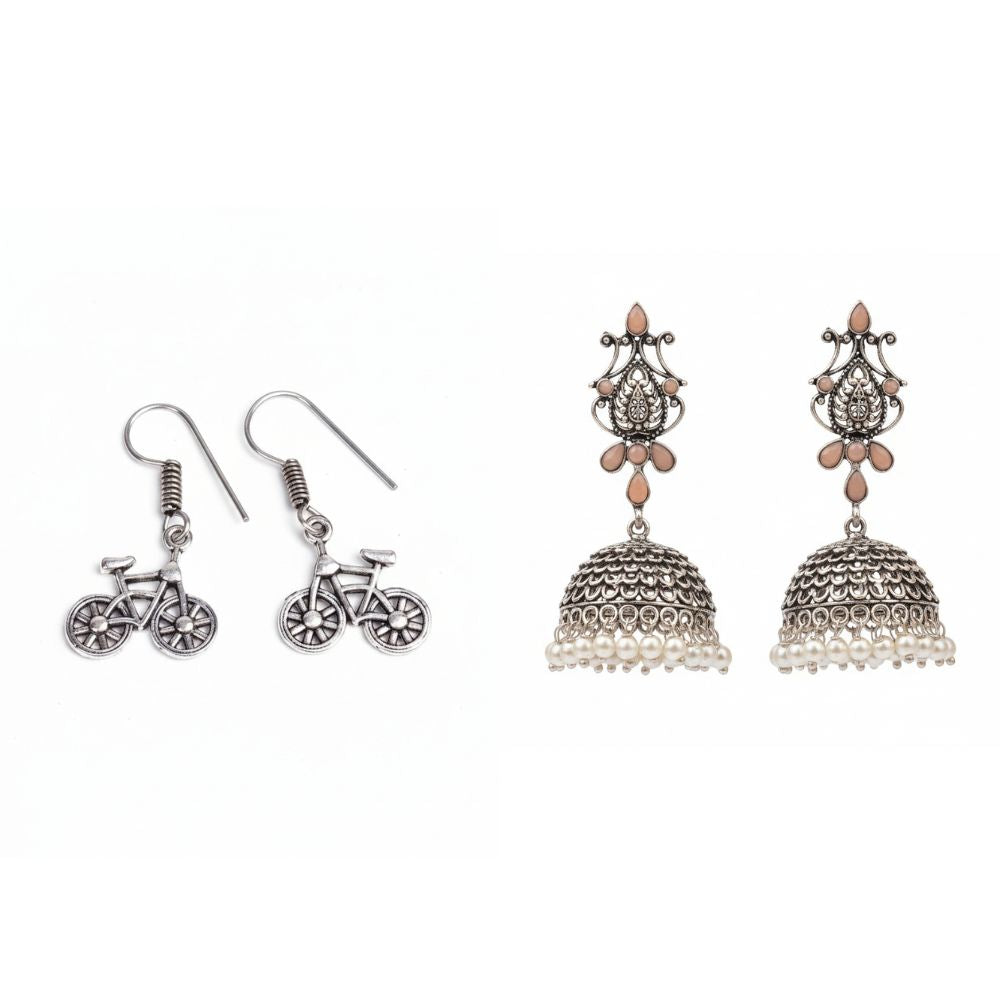 Kalash Kamal Jhumka earring (Light Orange)&Cycle Charm Dangler earrings (Silver) Combo set