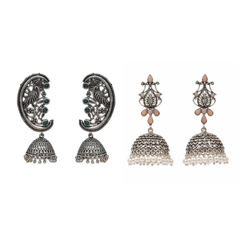 Kalash Kamal Jhumka earring (Light Orange)&Moon-lit Mayur Jhumki earrings (Green) Combo set